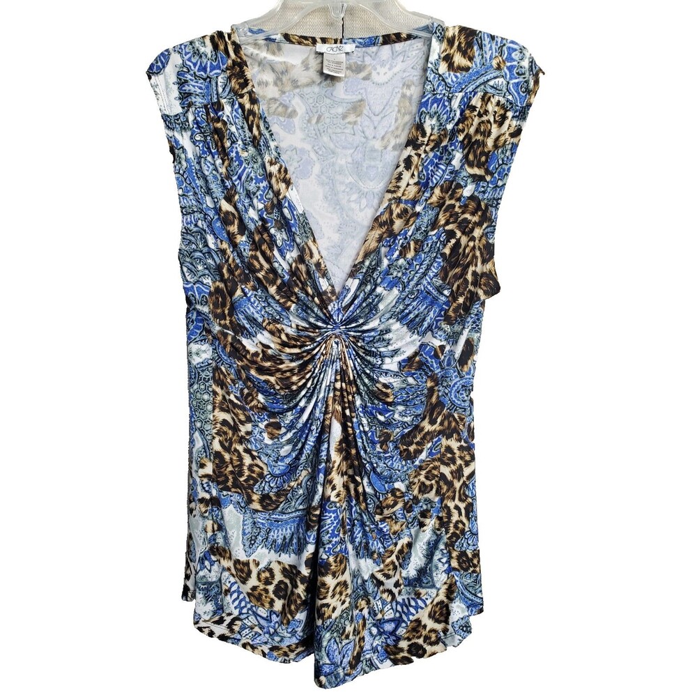 Cache Mixed Medallion Animal Print Gathered V-Neck Stretchy Sleeveless Top LGE